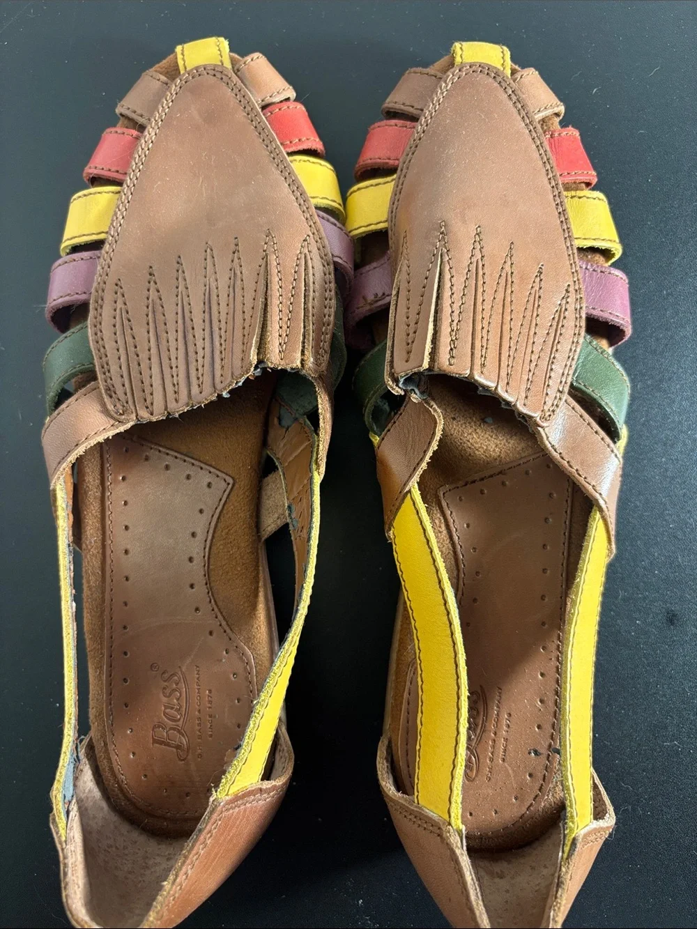 Boss Men's Brown Leather Sandals with Yellow, Red, Green, and Purple Straps